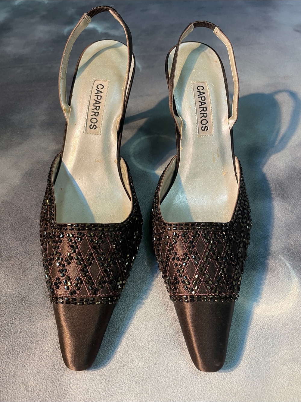 Caparros Dark Brown Beaded Slingback Mules | 7.5